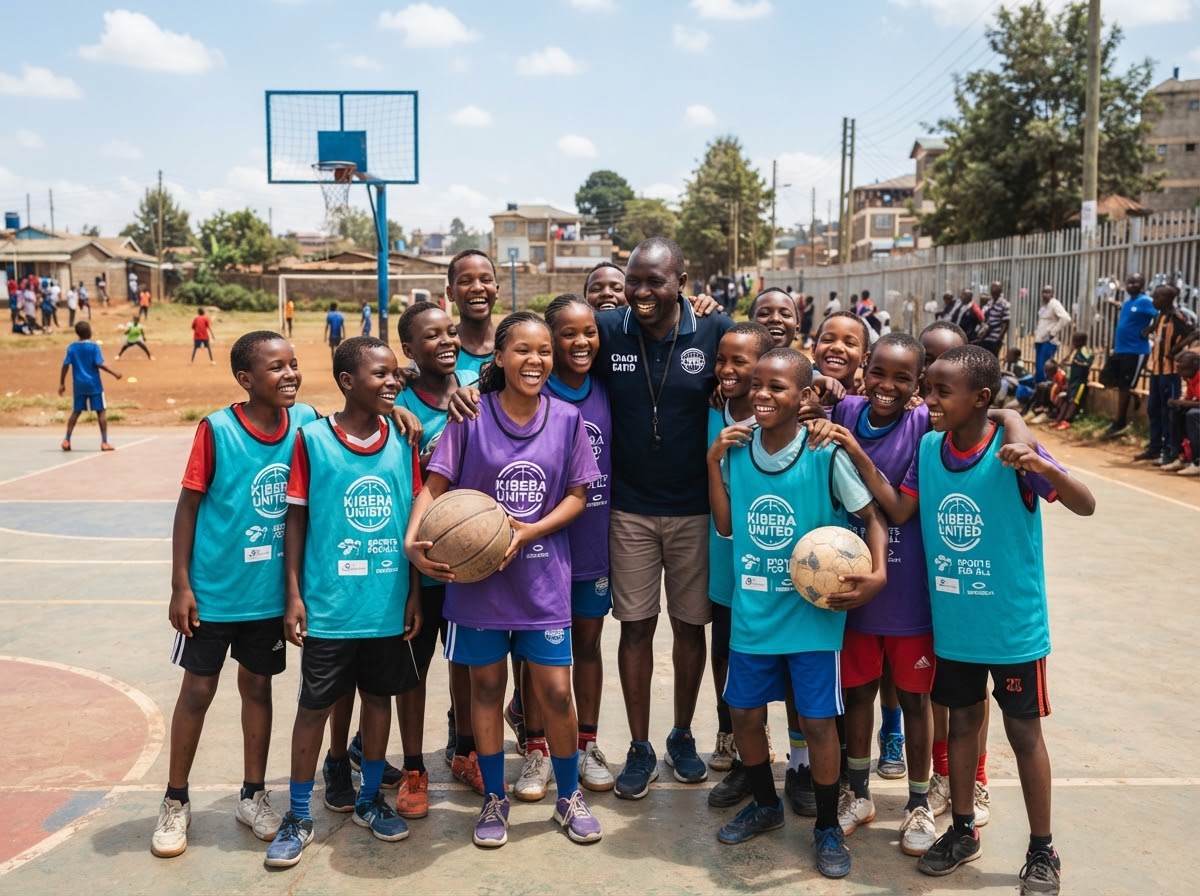 Un entraîneur entouré de jeunes joueurs et joueuses de football et de basketball